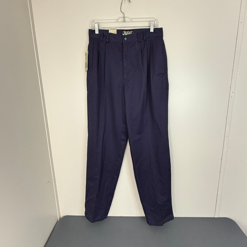 Vintage Bugle Boy Pants Mens 32W 34L Navy Blue Pleated Chino 90s Easy Care - Picture 2 of 9